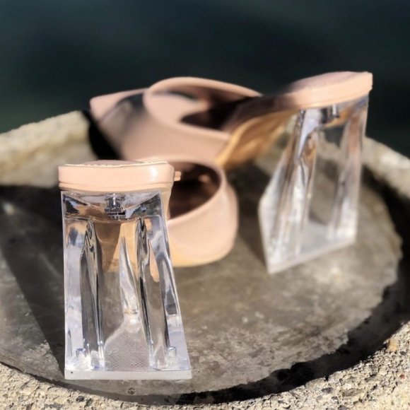 NEW Patent Clear Triangle High Block Heel Square Toe Slip On Sandals Mules Shoes - Picture 5 of 9